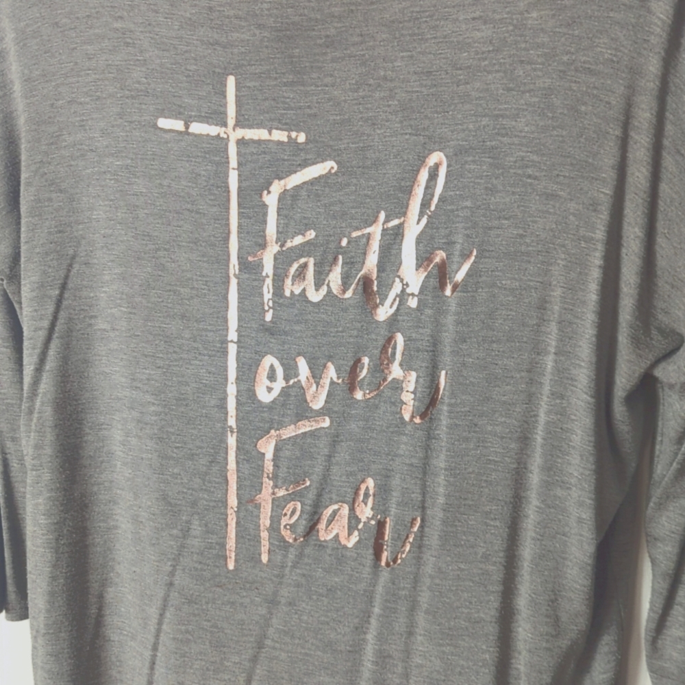 Comfy drop shoulder tunic with shimmery "faith over fear"